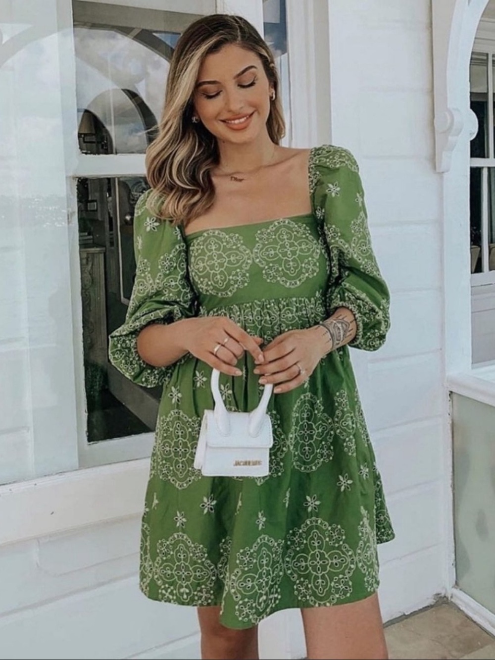 Zara Green Embroidered Puff-Sleeve Mini Dress